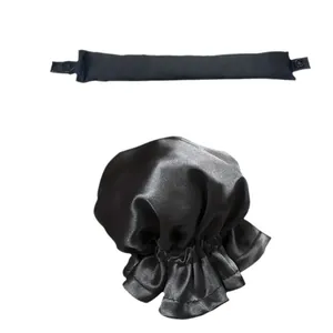 Schwarzes Satin Locken-Set ohne Hitze mit geraffter Schlafhaube und Seidenstirnband
