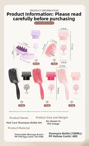 Detailed dimensions of scalp massager brush and hair care applicator bottle set