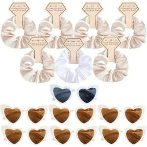 Set of 20 bridal party gifts with satin hair scrunchies and heart shaped sunglasses