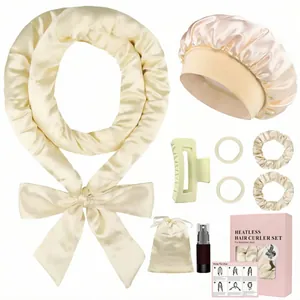 Kit de bouclage sans chaleur en satin champagne avec accessoires et boîte cadeau