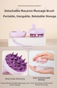 Detail of macaron hair massage brush showing flexible bristles and portable lanyard design