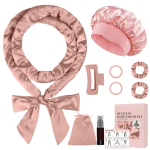 Kit boucleur sans chaleur rose avec bandeau en soie, bonnet de nuit et accessoires