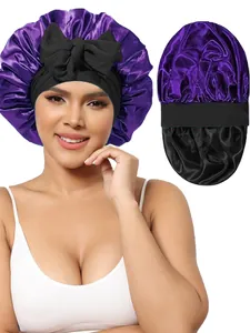 Détail du bonnet de nuit en satin double couche avec nœud papillon et large bande élastique