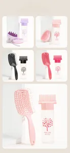 Detail view of colorful hair care set with scalp massage brush and squeeze bottle