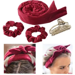Dettagli del set per ricci senza calore in velluto rosso scuro con asta e elastici