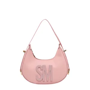 Pink crescent shoulder bag with SM letter embossing and cross-grain leather texture