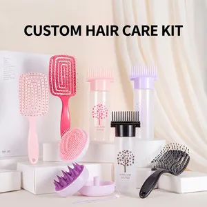 Hair care set with various massage brushes and squeeze bottles for scalp treatment