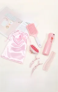 Detailed six-piece pink hair care kit with spray bottle and detangling brushes