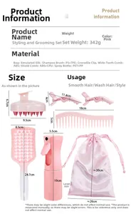 Pink hair care set detail with spray bottle, scalp brush, and combs on white background