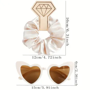 Satin hair scrunchie and heart-shaped sunglasses set with precise size measurements