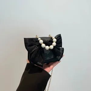 Elegant Women Mini Crossbody Bag With Large Mesh Bow Artificial Pearl Handle Litchi Texture PU Leather Gold Chain Shoulder Bag For Party