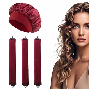 3-teiliges Set hitzefreie Lockenwickler mit roter Satinschlafmütze für Wellenstyling