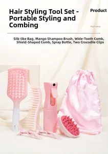 Pink hair care set with mist spray bottle, scalp brush, hair combs and styling clips