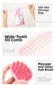 Pink hair care set detail showing satin storage bag, wide-tooth comb and silicone scalp massager