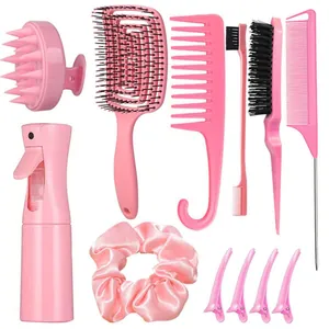 Pink 11-piece hair styling set with scalp massager, vented brush, and spray bottle