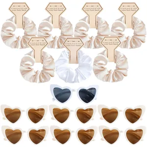 Wedding party gift set with 14 satin hair scrunchies and heart-shaped sunglasses