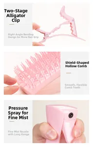 Detail of pink spray bottle, hollow hair brush, and sectioning clips for hair styling