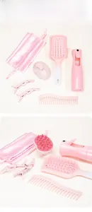 Detailed six-piece pink hair care kit for straight curly flat and wet hair