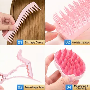 Pink 6-piece hair care set including spray bottle, detangling brushes and clips