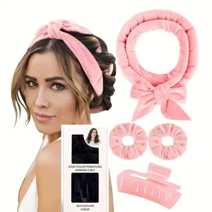 Set arricciacapelli senza calore rosa con fascia in velluto, elastici e molletta