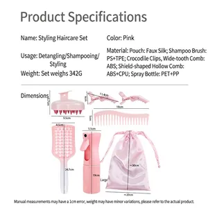 Pink hair care set with styling tools, spray bottle and bag, shown with measurements