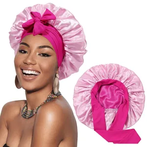 Bonnet de Nuit en Satin Double Couche pour Femmes Avec Nœud en Ruban Bonnet Ajustable de Soin des Cheveux Enveloppement Doux
