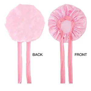 Front and back detail of pink satin hair bonnet with adjustable extra long straps