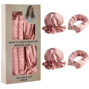Kit de boucles sans chaleur en soie rose avec bonnets en satin et emballage