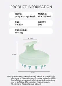 Detail view of mint green scalp massage brush with 8x6.5cm dimensions and TPE soft bristles