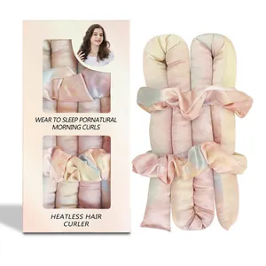 Tie-dye satin heatless hair curling set with gradient headband and two matching scrunchies