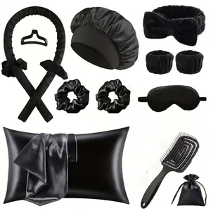 Coffret soin des cheveux 11 pièces en satin noir avec bigoudis et masque de sommeil