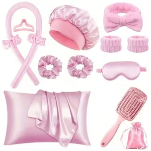 Coffret boucleur sans chaleur en satin rose avec taie d'oreiller, masque et accessoires