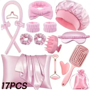 Detail van de 17-delige roze hitteloze krulset en zijden slaapaccessoires voor dames