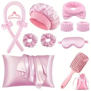 Set de Bigoudis Sans Chaleur en Satin Avec Bonnet de Nuit Masque Taie d'Oreiller Chouchous Bandeau Poignets Peigne pour Beauté Femme