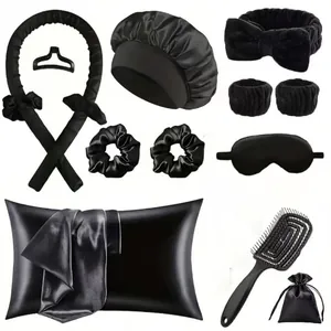 Set de 12 pièces bigoudis sans chaleur en soie noire avec bonnet et taie d'oreiller