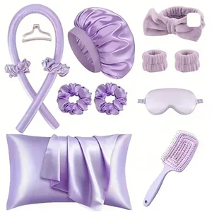 Kit bigoudis sans chaleur en satin lilas avec bonnet de nuit, masque et taie d'oreiller