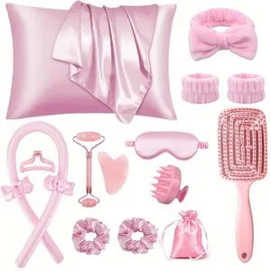 Satijnen Hitteloze Krulspelden Set Met Kussensloop Oogmasker Scrunchies Gezichtsroller Gua Sha Steen Vrouwen Schoonheidsverzorging
