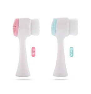 Brosse nettoyante visage double face en rose et vert avec manche ergonomique vertical