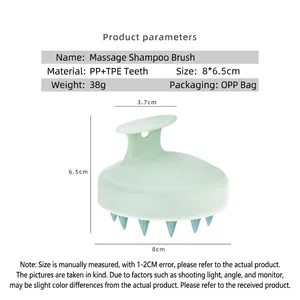 Silicone scalp massager brush with PP handle and TPE bristles measuring 8x6.5cm
