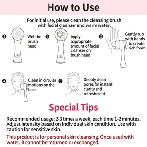 Guide d'utilisation de la brosse faciale manuelle montrant les étapes du nettoyage profond