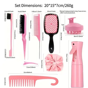 12-teiliges rosa Haarpflege-Styling-Set mit Kämmen, Sprühflasche und Kopfhautmassage-Maßen