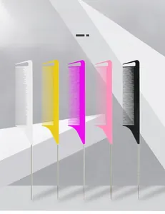 Detail view of colorful professional hair combs with metal tail pin for precise styling