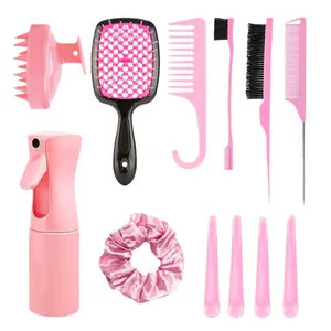 Pink 11-piece hair styling set with scalp massager, spray bottle, and professional combs