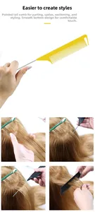 Detail of colorful tail comb featuring fine teeth and a metal pin for hair styling