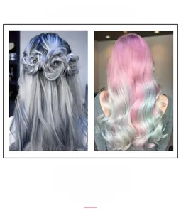 Detail of colorful braided hairstyles showing vibrant silver and pink hair dye effects