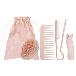 Set di 5 spazzole per capelli ecologiche in paglia di grano con custodia rosa chiaro