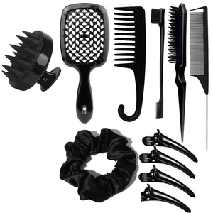 Professional 10-piece black hair styling set with scalp massager and hollow vent brush