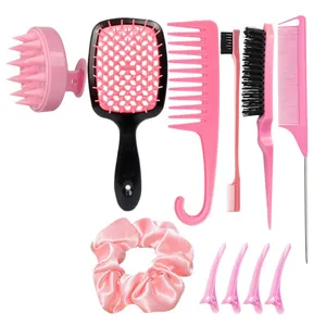 Pink 11-piece hair care set with scalp massager, detangling brush, and styling tools