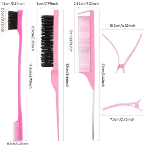 Set per acconciature rosa con spazzola per cotonare, pettine a coda, spazzola bordi e clip