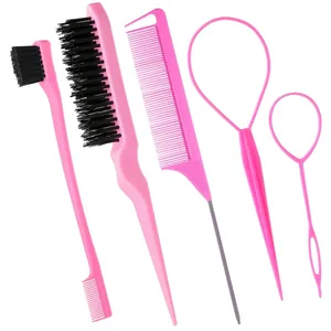 Set 5 pezzi strumenti per capelli rosa con pettine a coda, spazzola e passanti per capelli